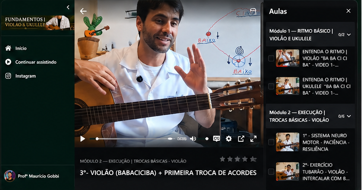 Aula prática de violão dentro da área de membros Fundamentos | Violão & Ukulele