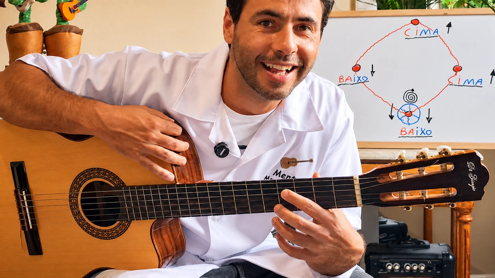 Professor Mauricio Gobbi com violão e quadro de ritmo ao fundo